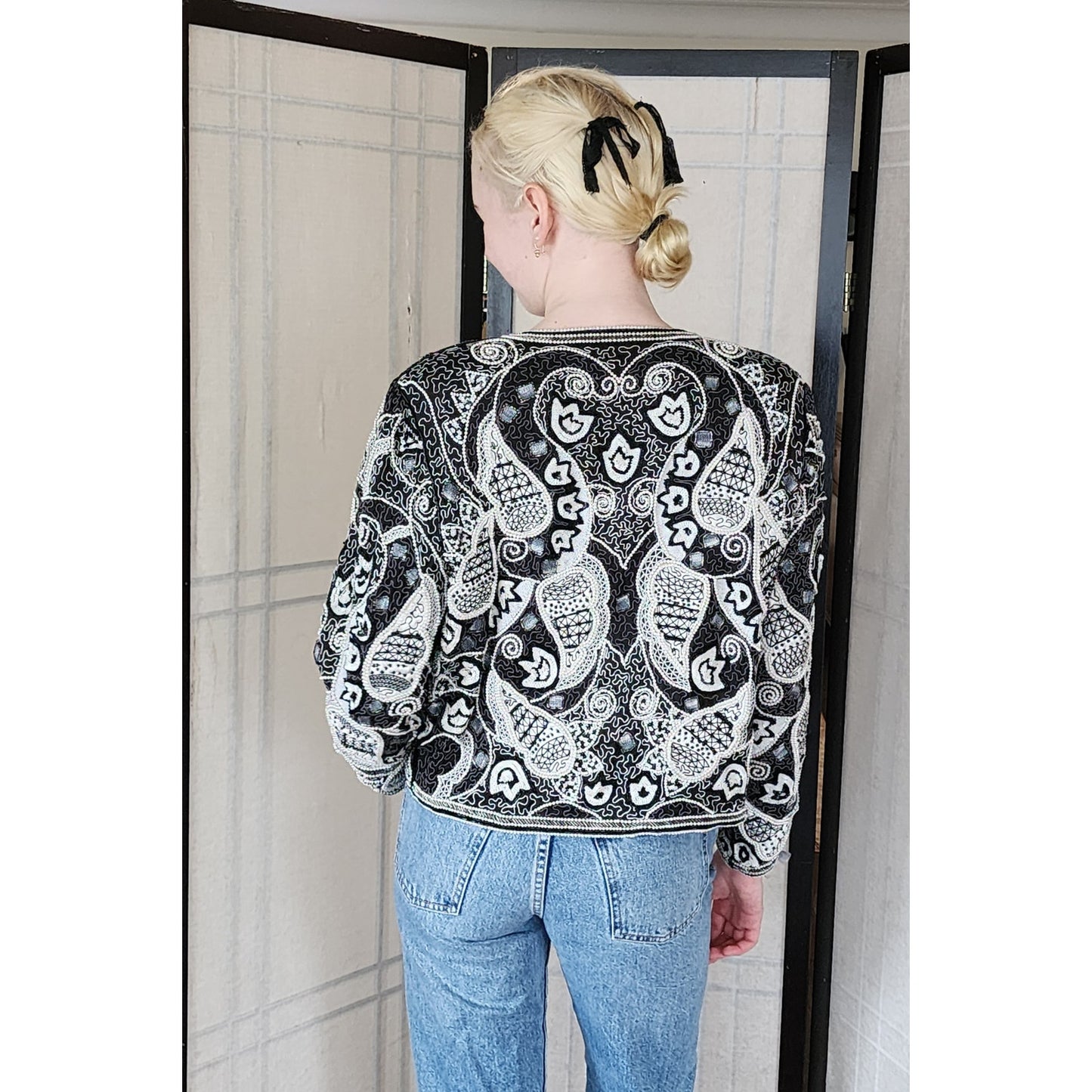 Vintage 80s Beaded Blazer Judith Ann Cropped Jacket Black & White Paisley