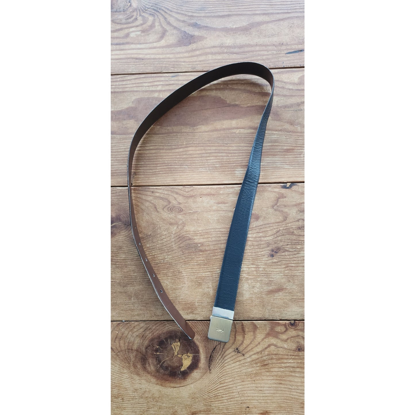 1980s YSL Black Leather Belt Brass Silver Buckle