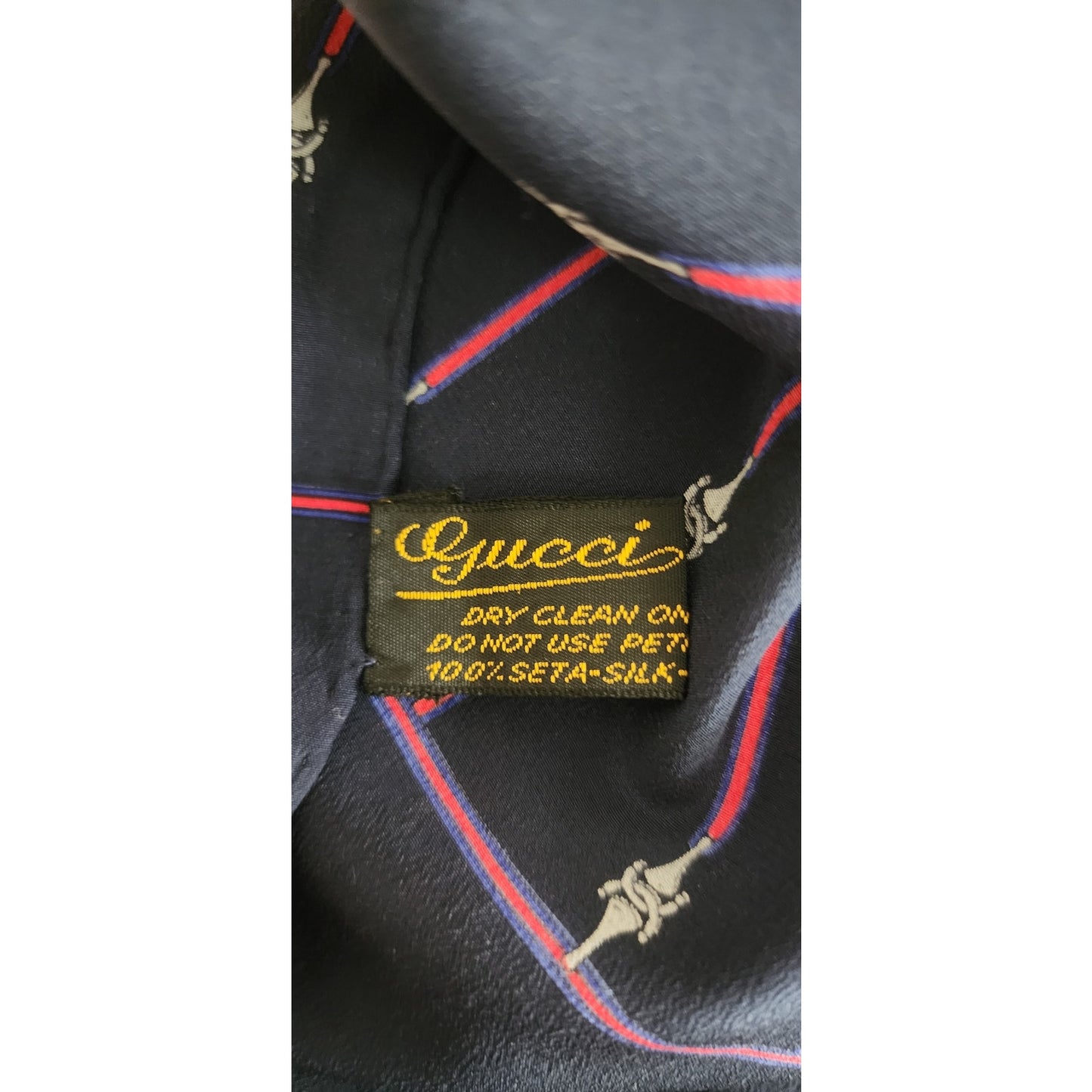 Vintage 70s Gucci Silk Scarf Navy Blue Horsebit Print Rectangular Fringed