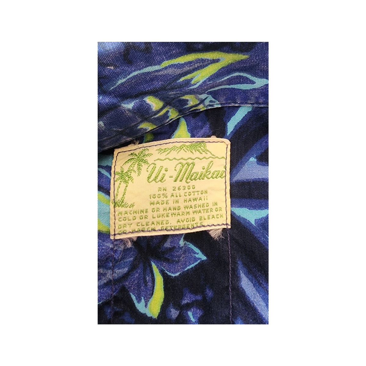 Vintage 1960s Ui-Maikai Men's Blue Hawaiian Tiki Shirt Cotton Short Sleeve