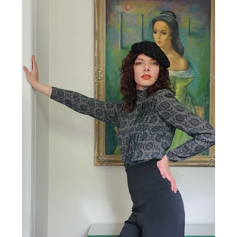 Vintage 80s UNGARO Blouse Gray Silkprint Shirt Back Buttons