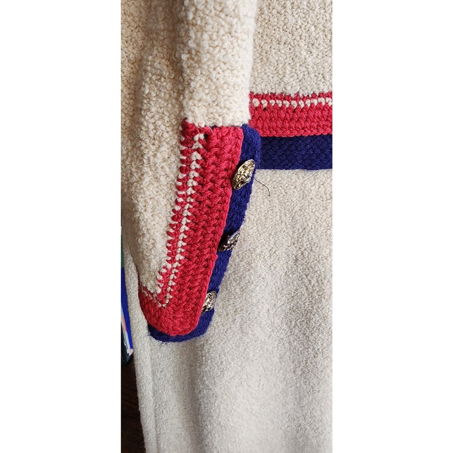 Vintage 60s Adolfo Skirt Suit Cream Blue Red Knit in Chanel Style