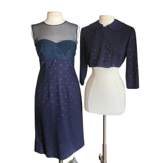Vintage 1950s Dress + Jacket Suit Set Navy Blue Polkadot Wool Silk / M