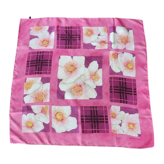Vintage Burberry Scarf Pink Floral Silk Print Square
