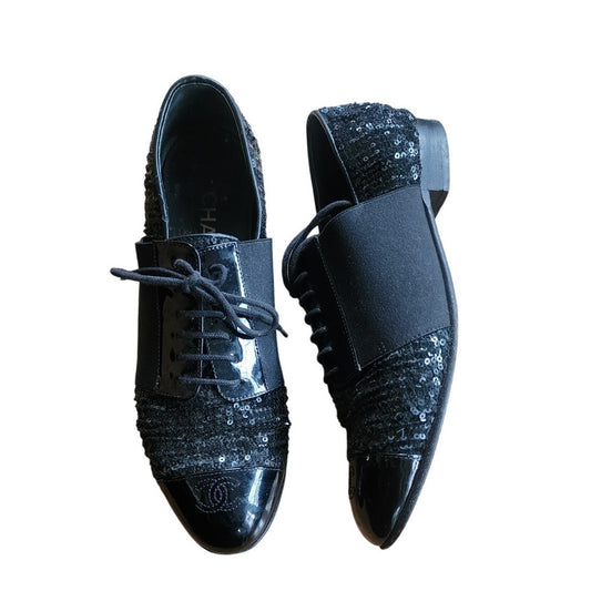 CHANEL Lace Up Shoes Loafers Black Patent Leather & Sequins 38 1/2