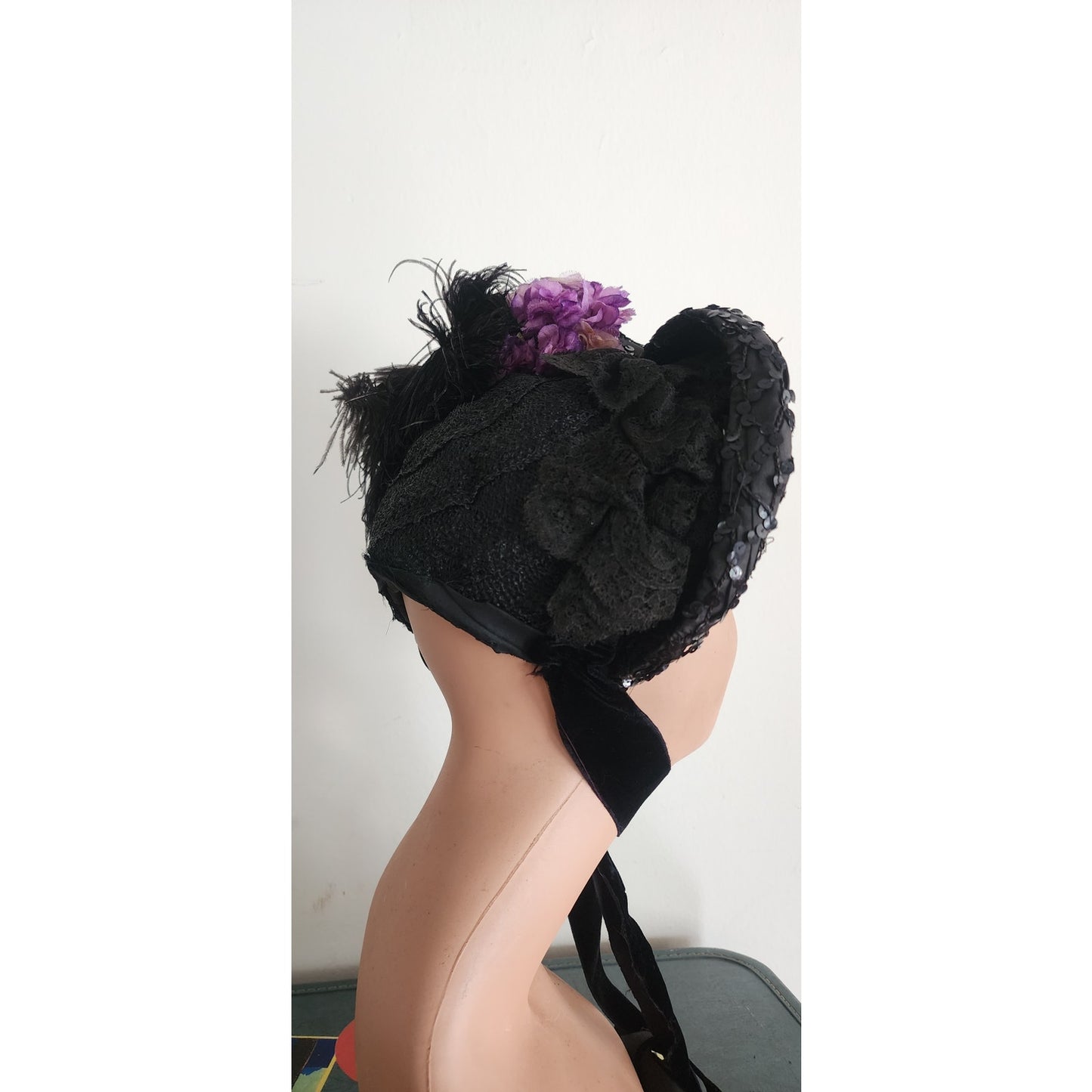 Antique Victorian Black Bonnet Hat Feathers Sequins Lace & Purple Flowers