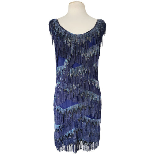 Vintage 2000s Blue Beaded Dress Silk Fringe Flapper Style / Medium