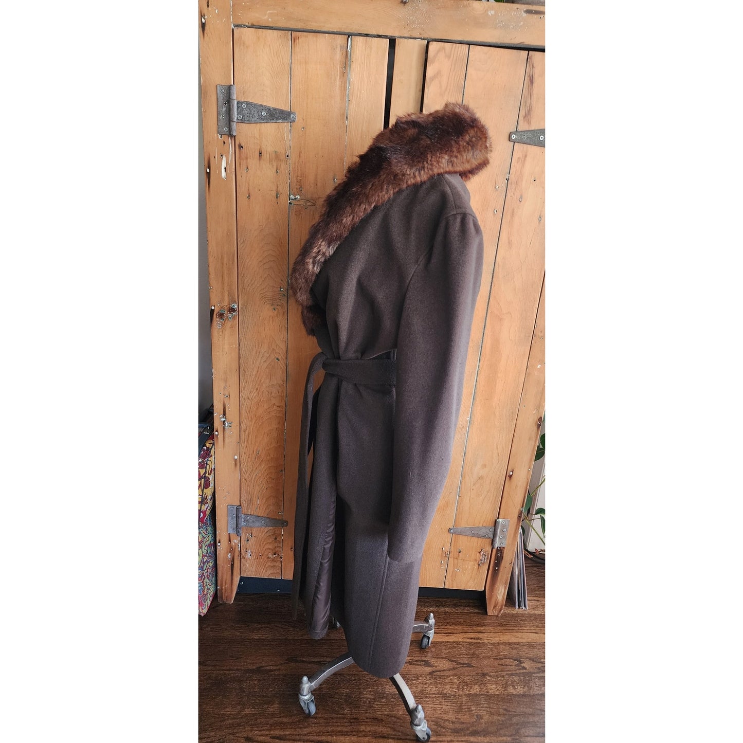 90s Brown Wool Coat Faux Fur Collar Ralph Lauren