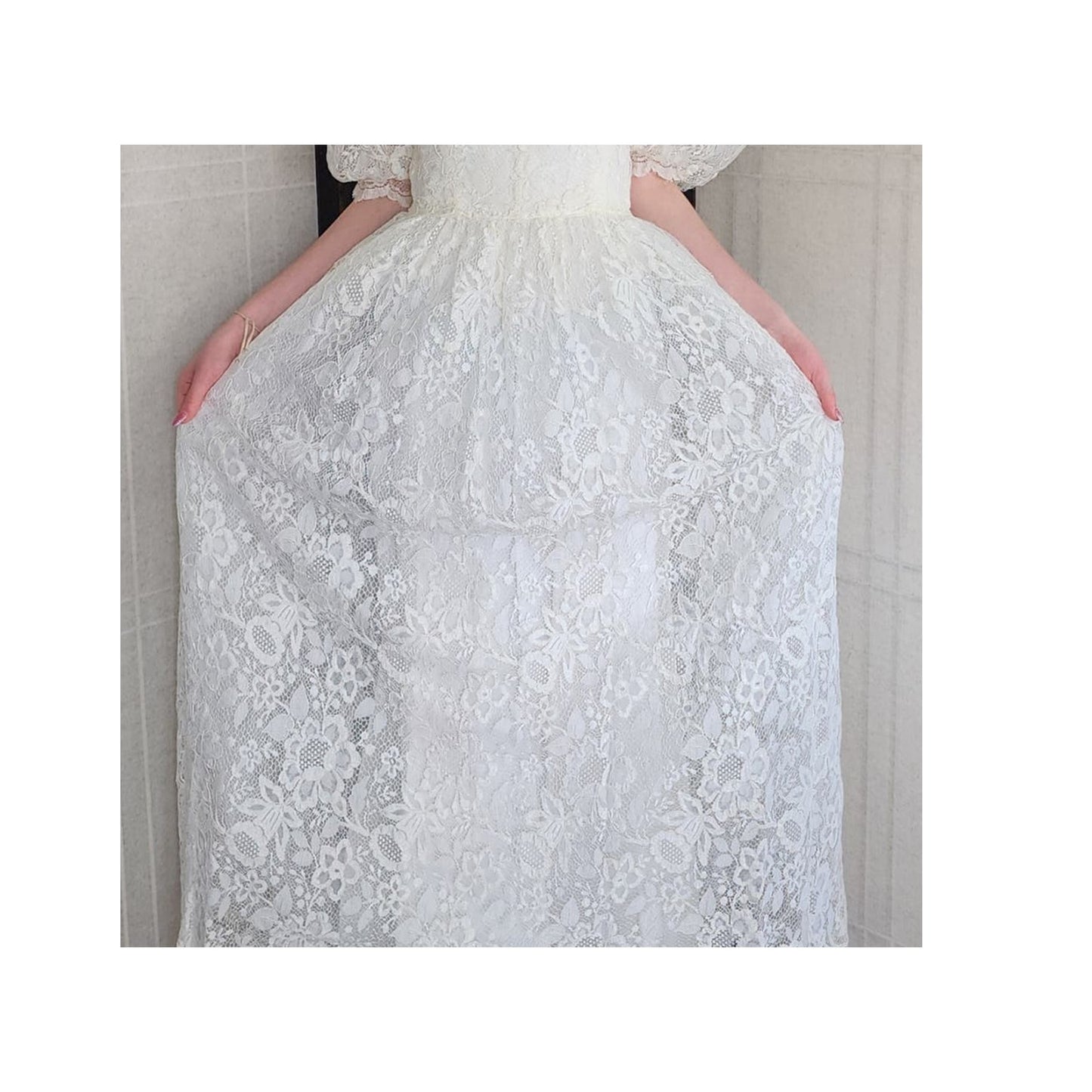 Vintage 80s White Lace Wedding Dress Statement Sleeves