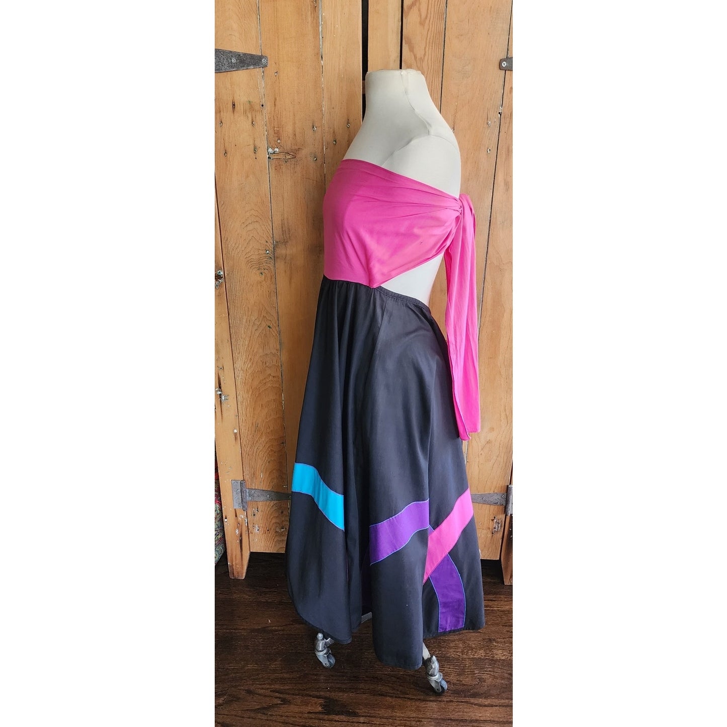 Vintage 80s Circle Skirt Multicolored Cotton Applique Converts to Strapless Dress Opus 1