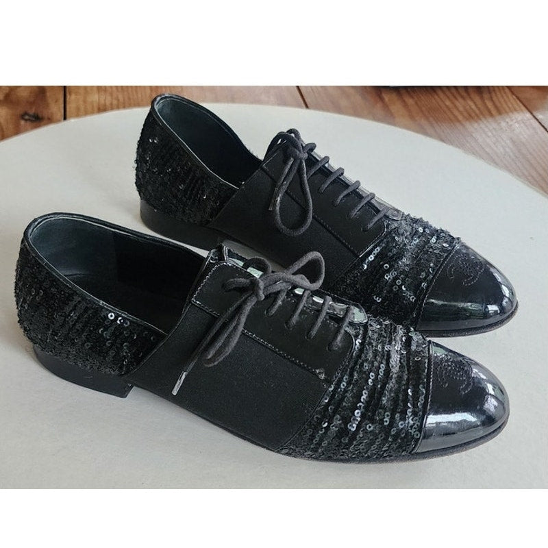 CHANEL Lace Up Shoes Loafers Black Patent Leather & Sequins 38 1/2