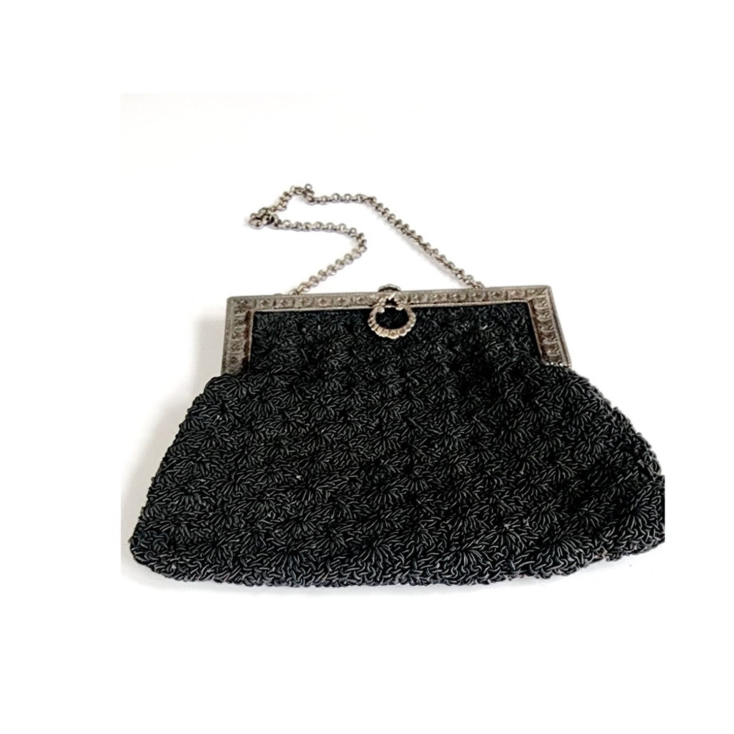 Antique Black Crochet Bag Silver Metal Etched Frame Edwardian 1910s Purse