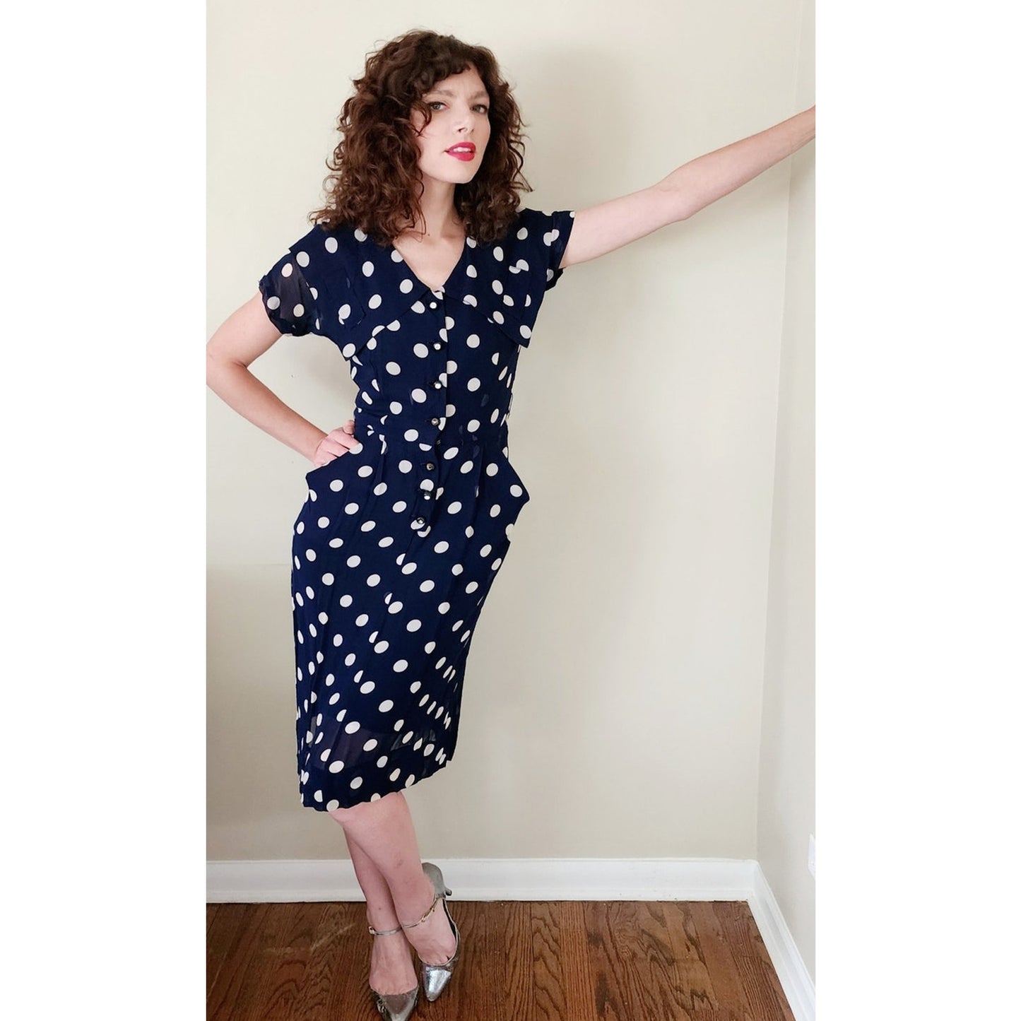 Vintage 40s Rayon Print Dress Navy Blue Polkadot S