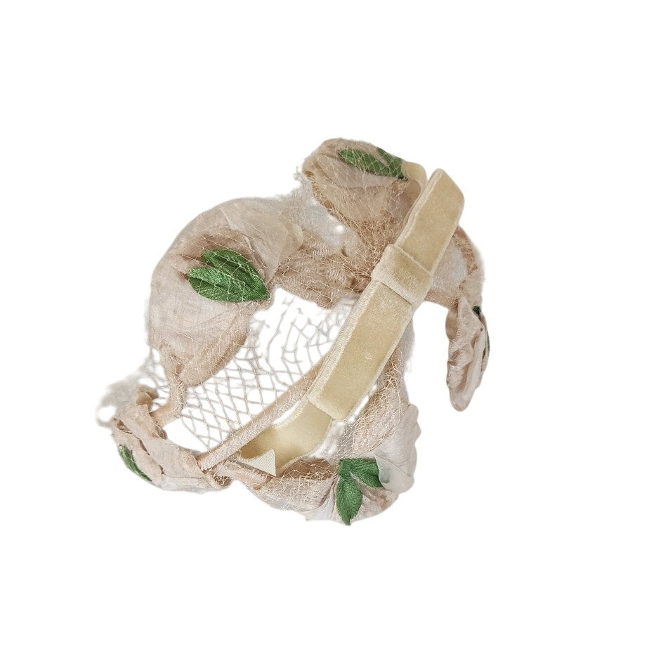 Vintage 50s Fascinator Hat Beige Peach Floral Crown Bridal Headband Wedding