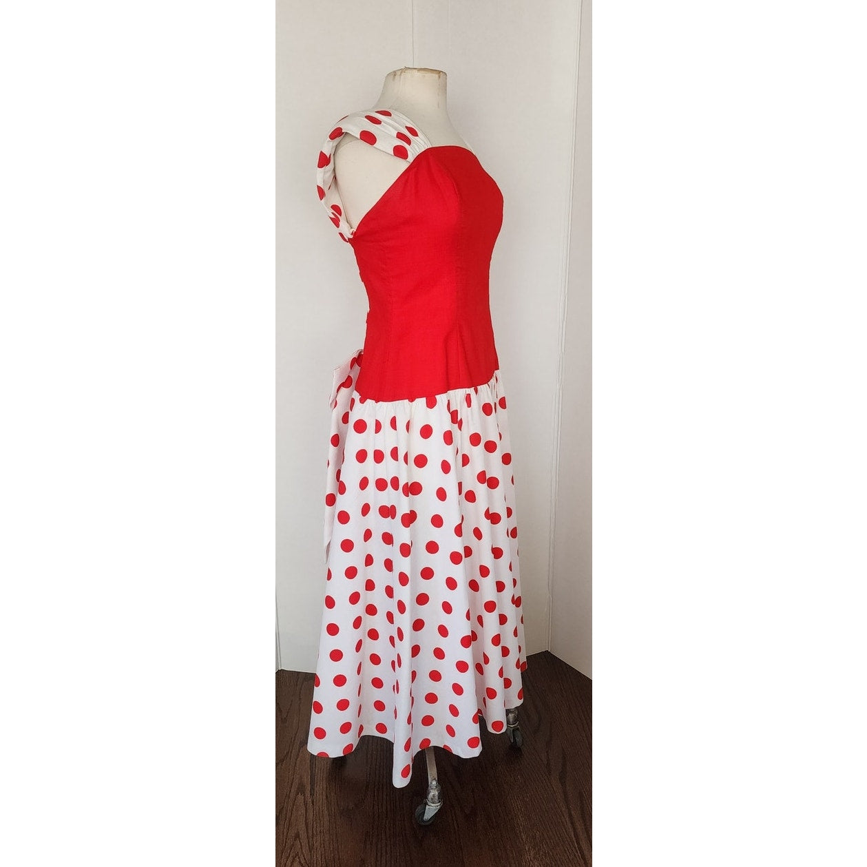 Vintage 80s Polka Dot Print Dress Red White Leslie Lucks