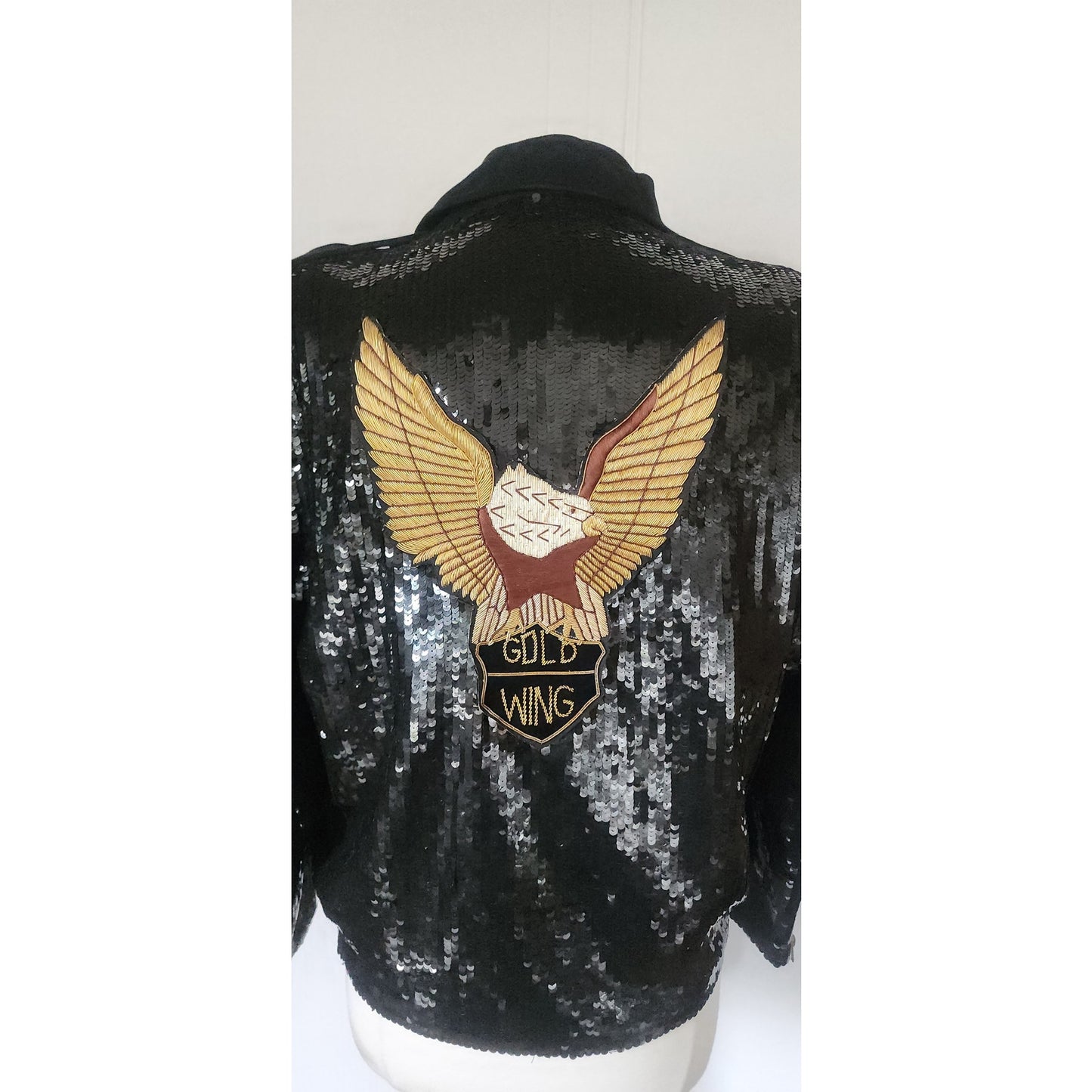 Vintage 80s Bomber Jacket Black Sequins Gold Eagle Motorcycle Patches Neiman Marcus / L