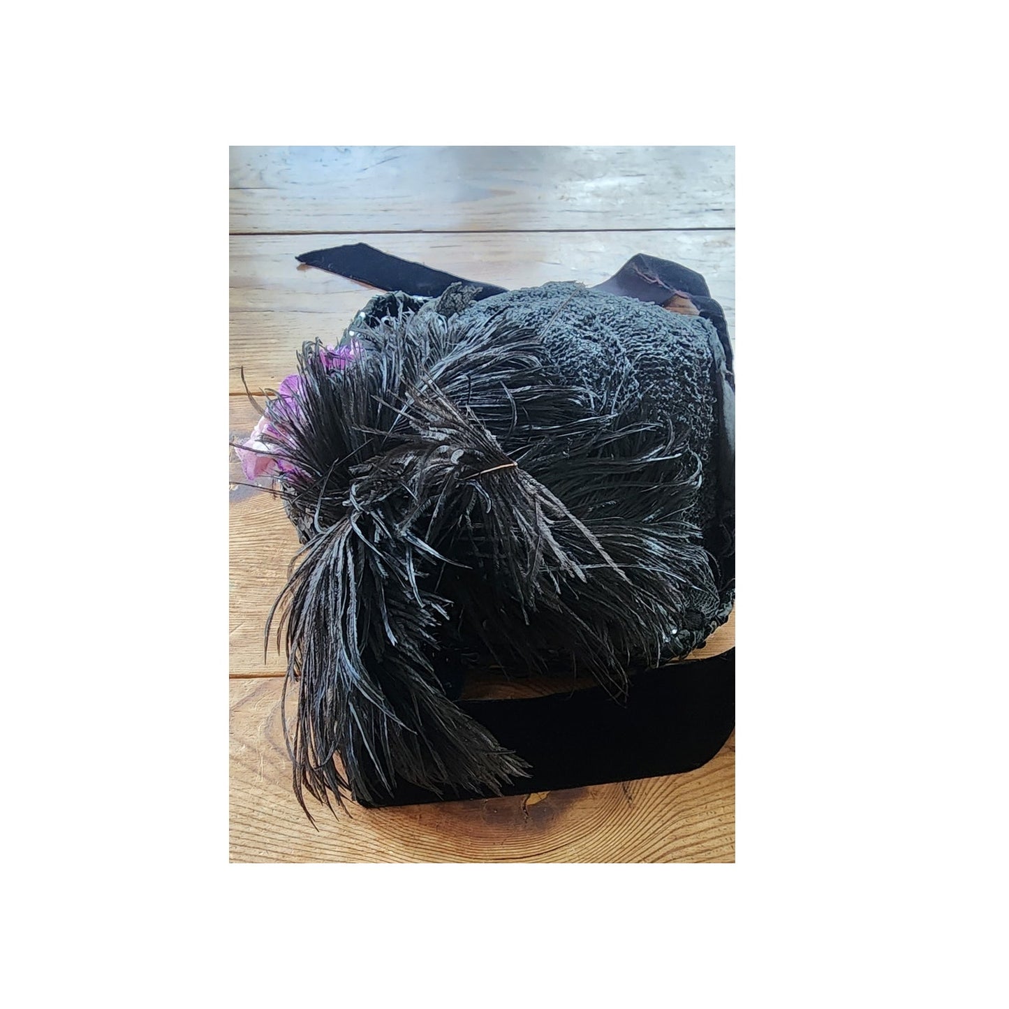 Antique Victorian Black Bonnet Hat Feathers Sequins Lace & Purple Flowers