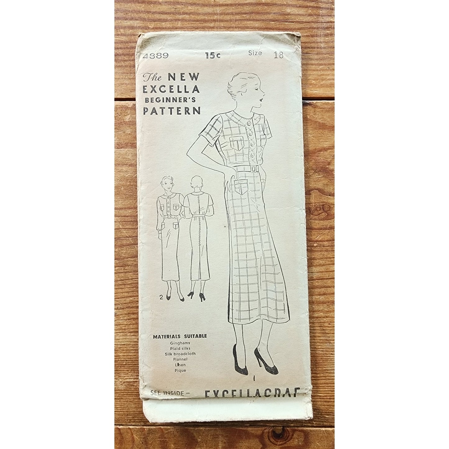 Vintage 30s Sewing Pattern: Button Front Dress Excella Pattern 4889 Bust 36