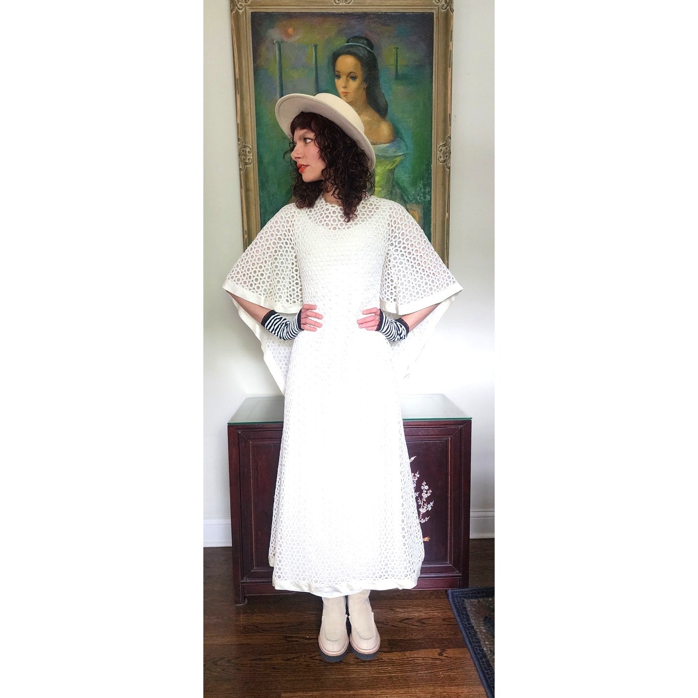 Vintage 70s White Maxi Dress Openwork Crochet Bridal Dress w/Capelet