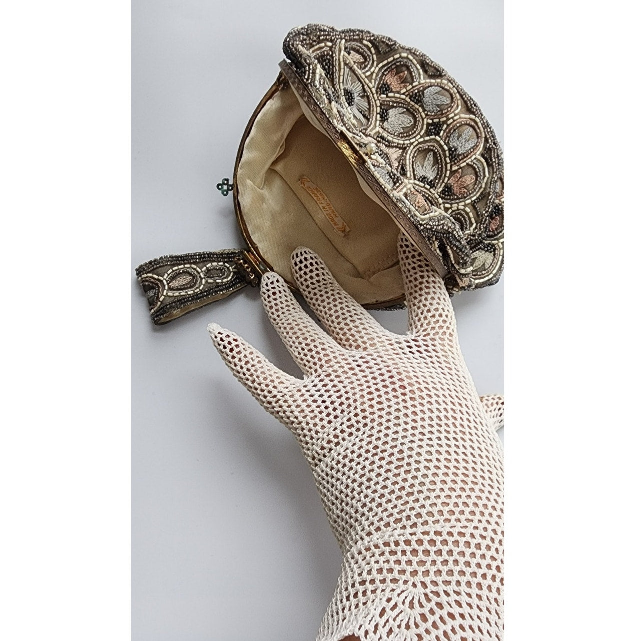 Antique 20s French Beaded Bag Round Art Nouveau Embroidered Purse