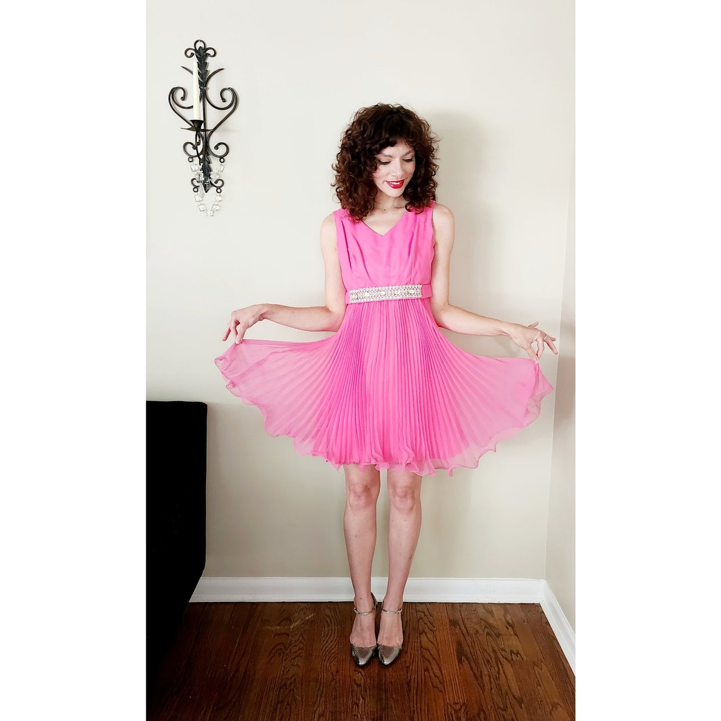 Vintage 60s Hot Pink Party Dress Pleated Skirt