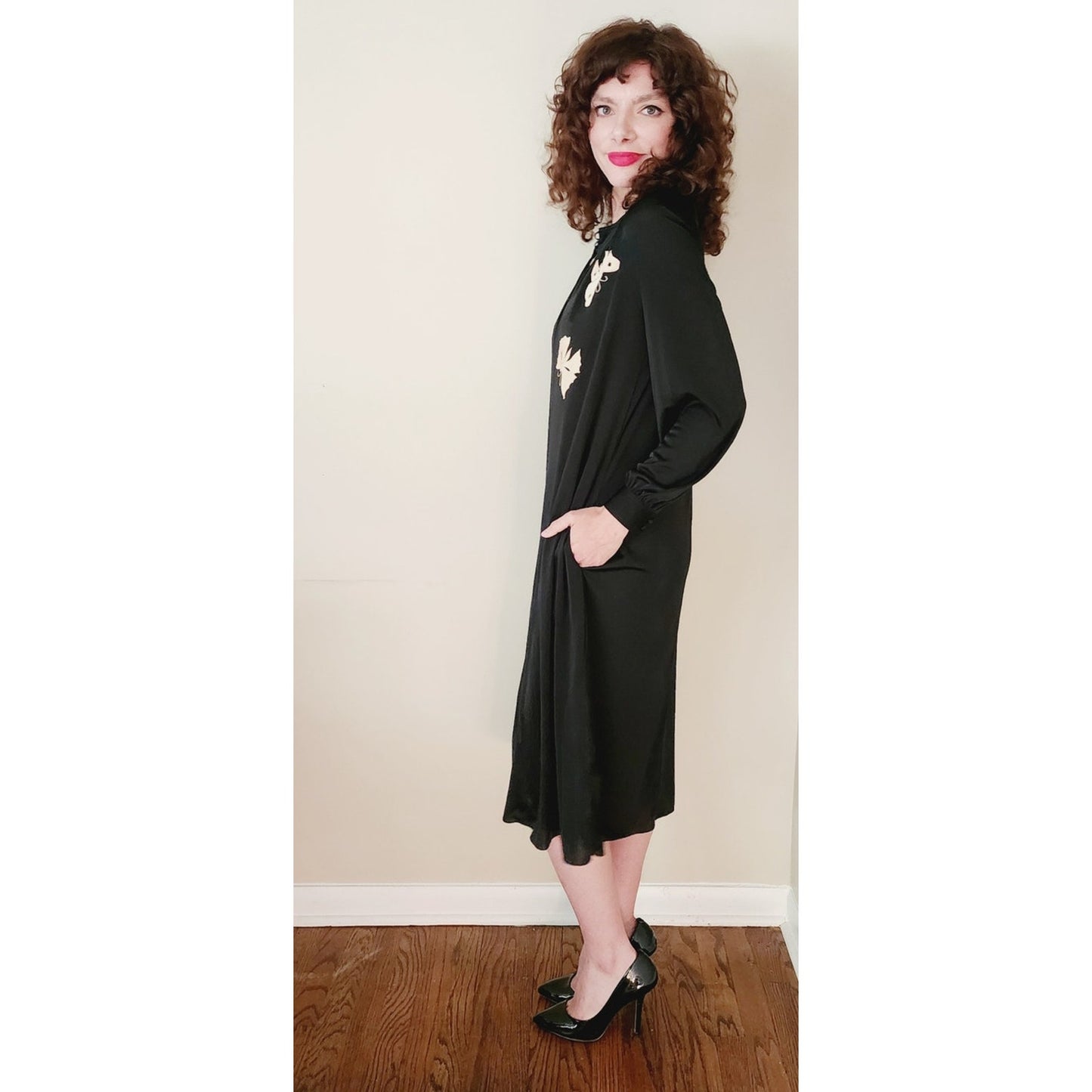 Vintage 70s Black Dress Butterfly Embroidery Ciao Ltd