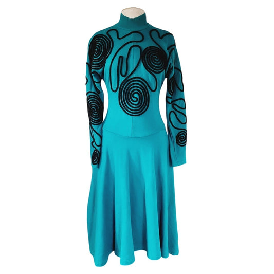 Vintage 1980s Blue Dress Embroidered w/Black Spiral Coils Avant Garde Art Clothes