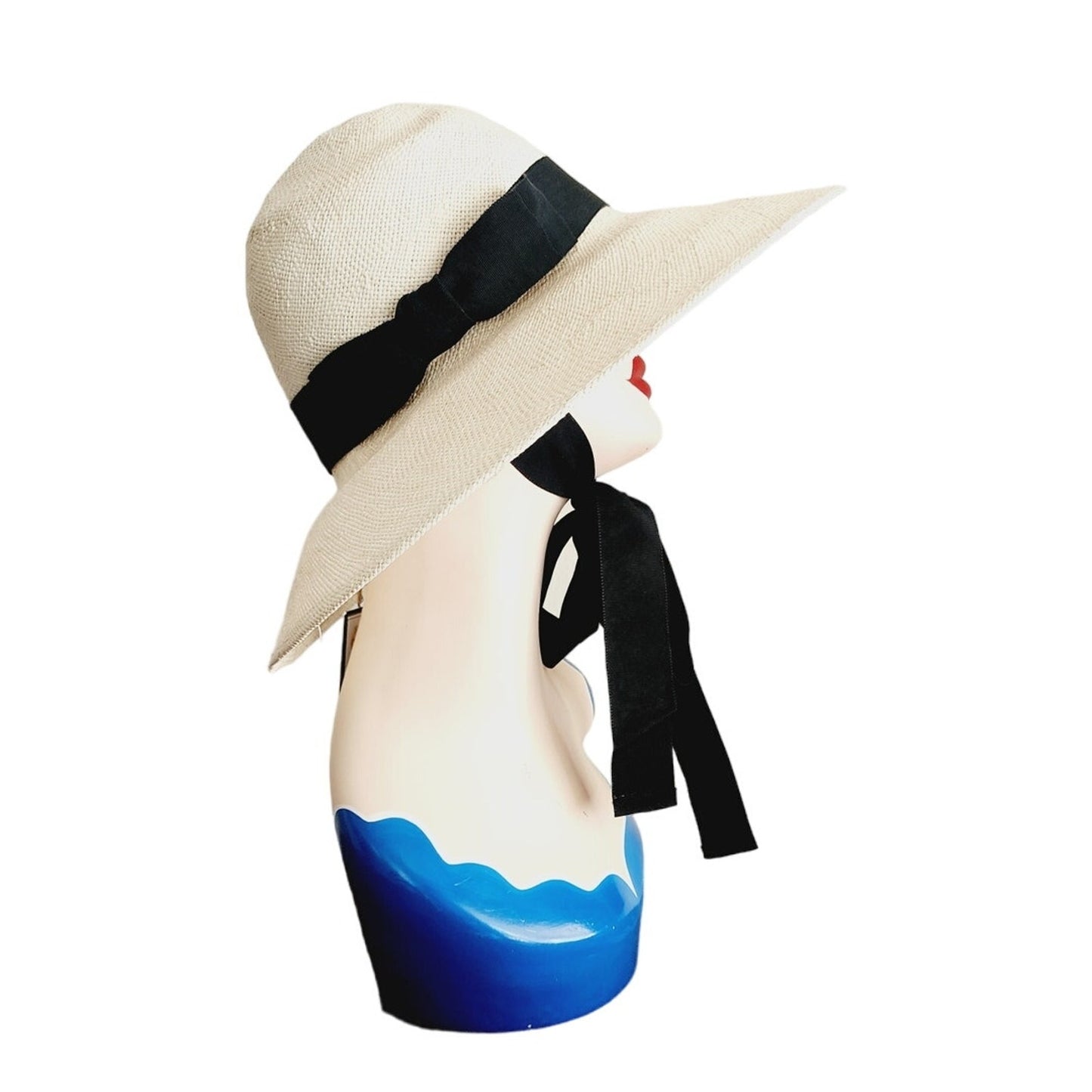 Vintage 90s Linda Campisano Cream Straw Hat Black Sash Tie