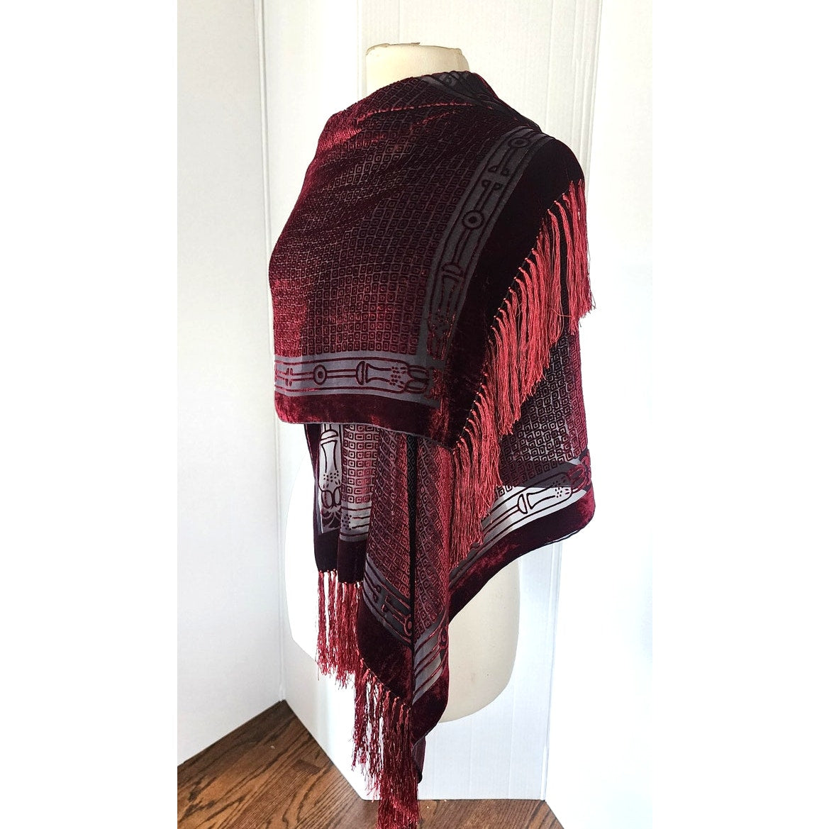 Vintage 90s Burnout Velvet Scarf Burgundy Red Velvet Fringed