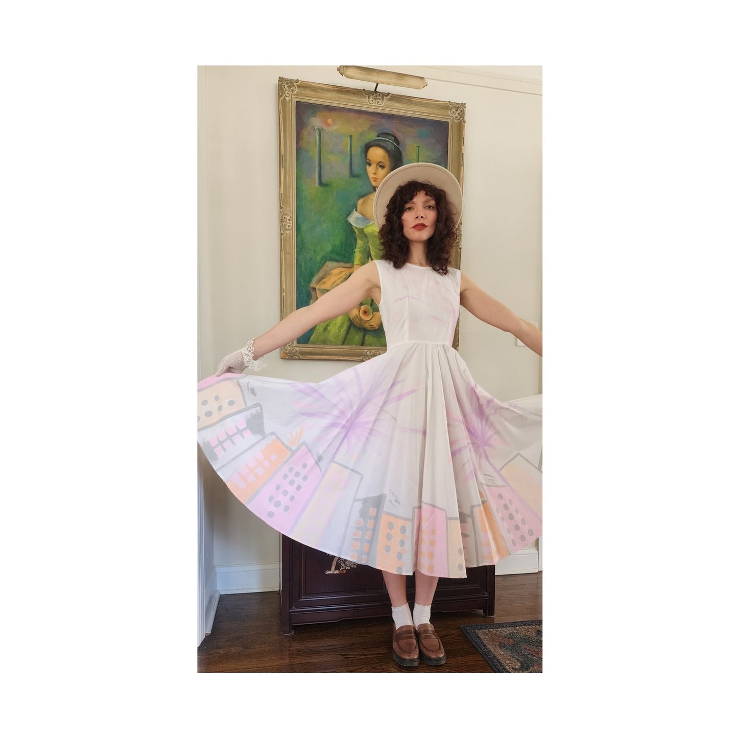 Vintage 90s Cotton Print Sun Dress Sleeveless White Pink Cityscape Print Circle Skirt / S