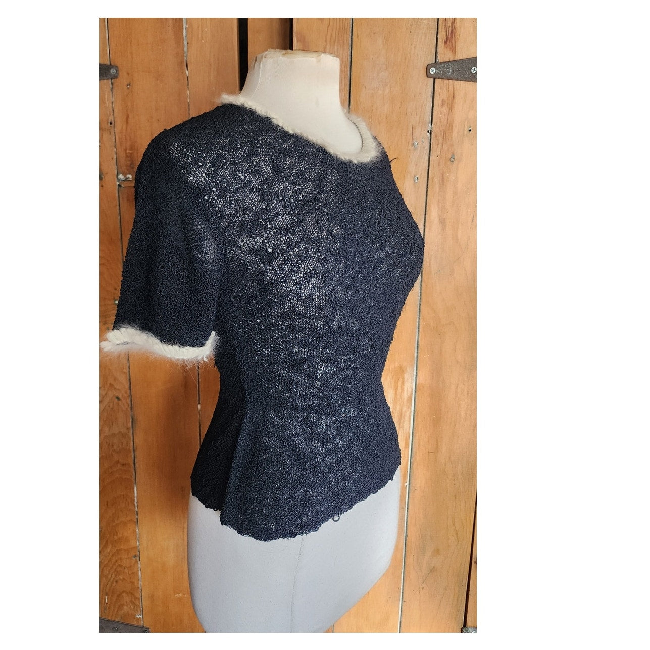 Vintage 50s Knit Top Navy Blue w/ Cream Crochet Trim Scotch Wool Shop / S