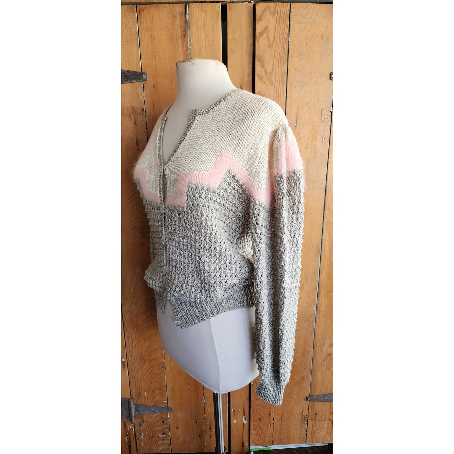 Vintage 80s Sweater Gray Pink Handknit Cardigan Acrylic Angora by Signatures