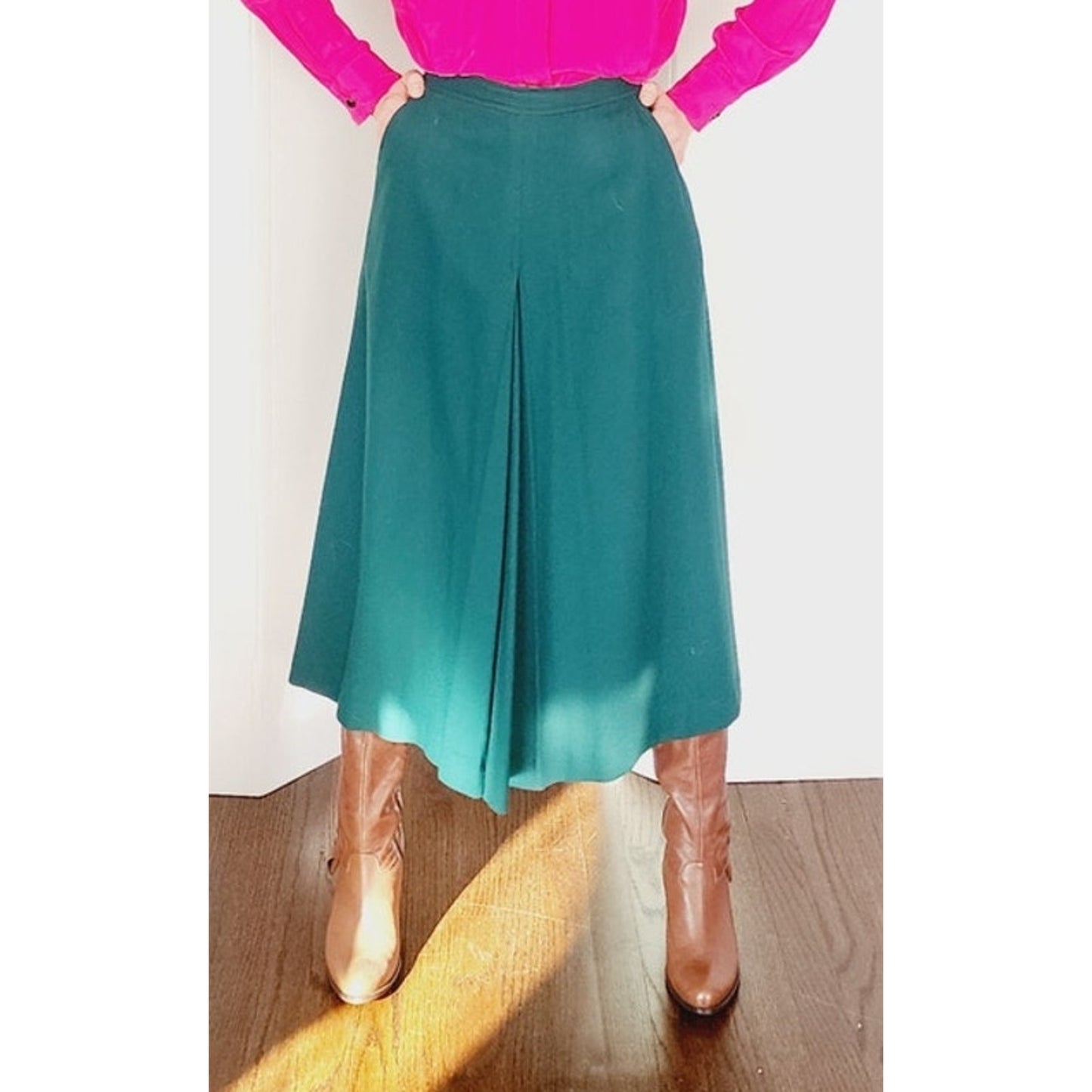 Vintage 70s Dark Green Wool Skirt HIgh Waisted Ankle Length Skyr / Small