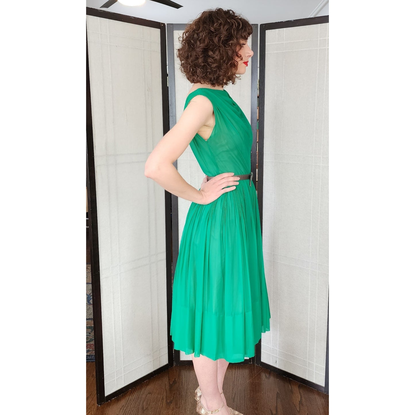 Vintage 50s Green Chiffon Party Dress by L'Aiglon