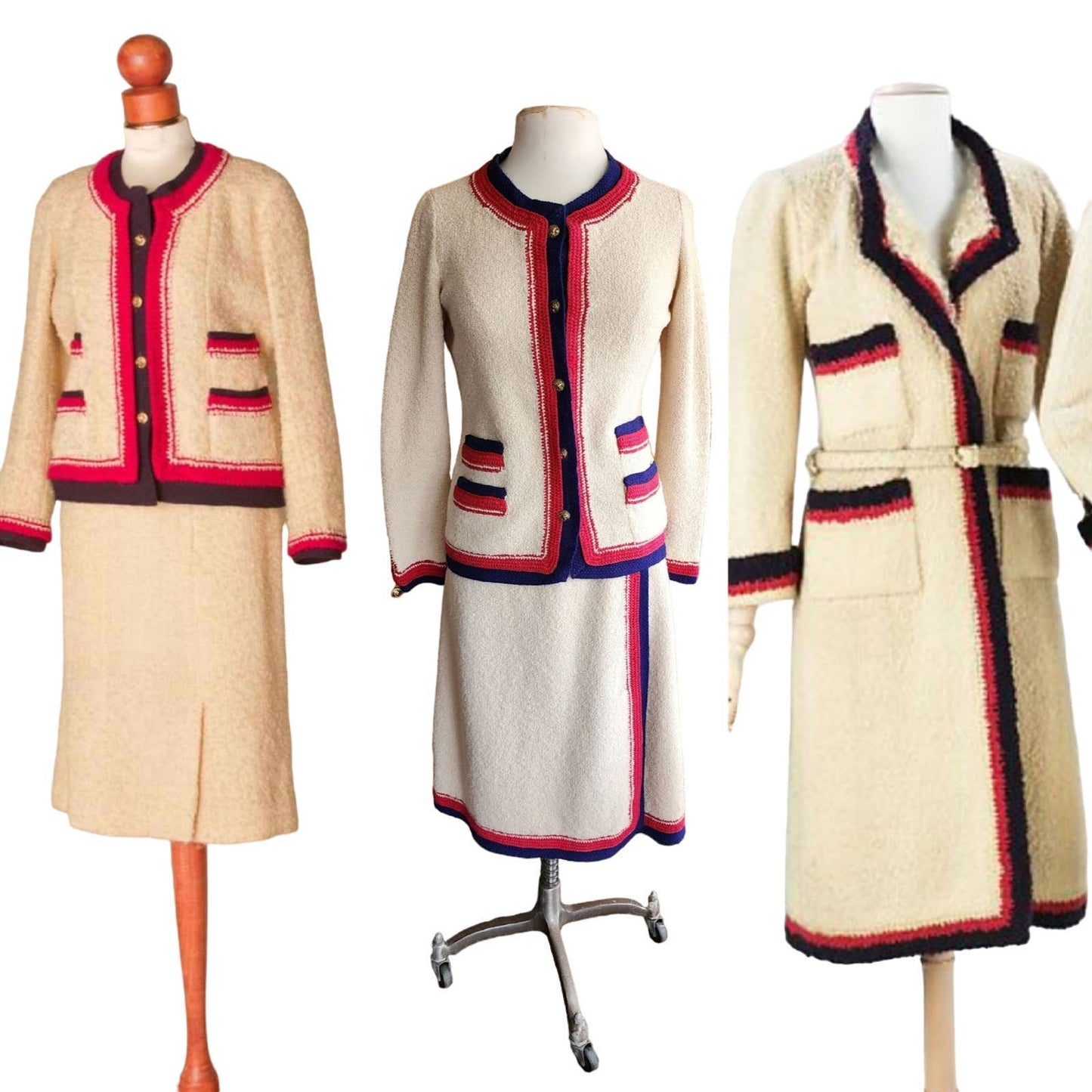 Vintage 60s Adolfo Skirt Suit Cream Blue Red Knit in Chanel Style
