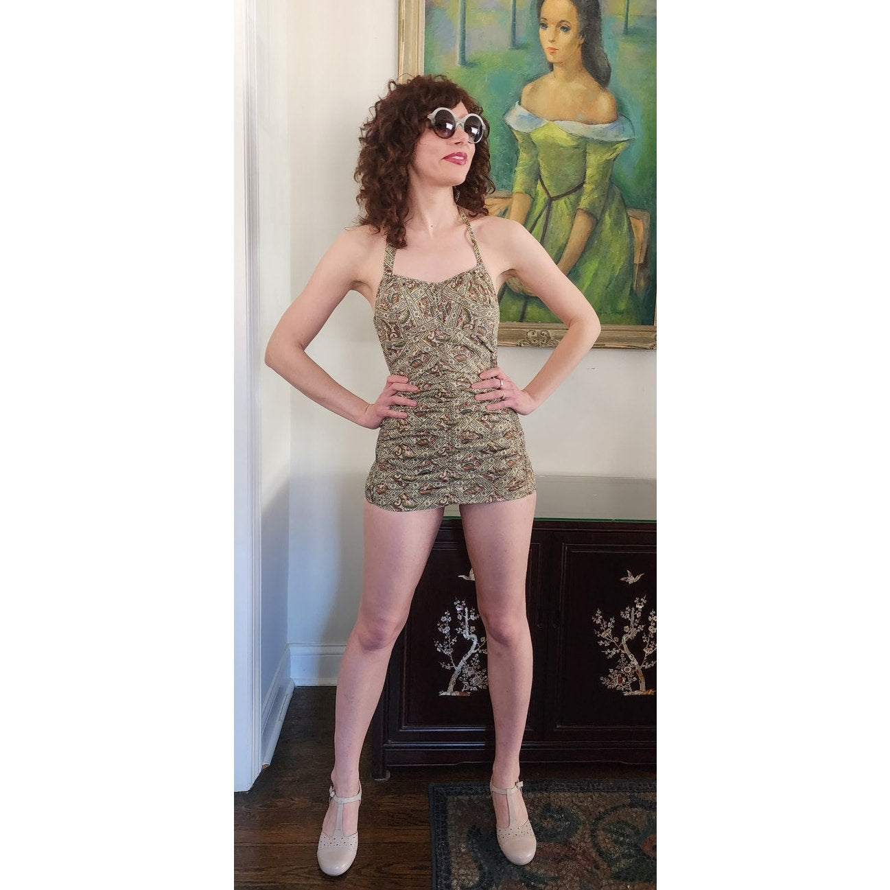 Vintage 50s Jantzen Swimsuit Cotton Print Maillot One Piece / S