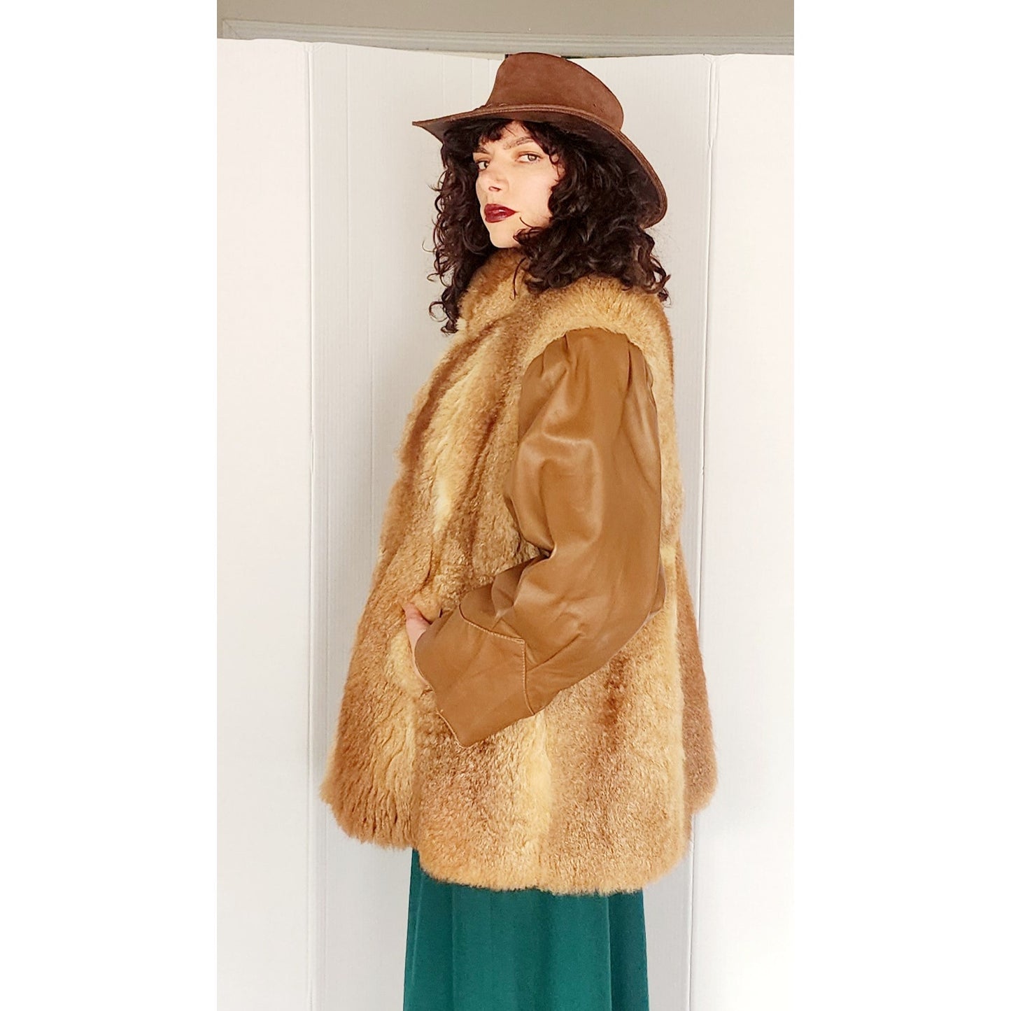 1970s Brown Leather Jacket w/Possum Fur Boho / Large