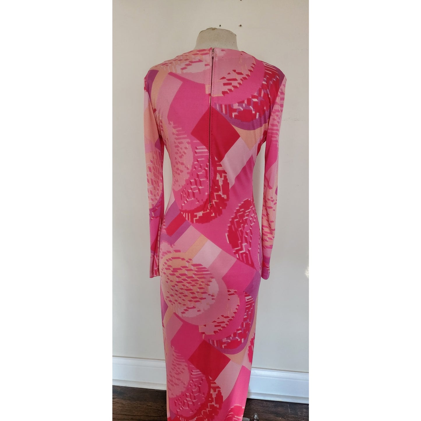 Vintage 1970s Maxi Dress Pink Red Geometric Print Rayon Jersey Stretch