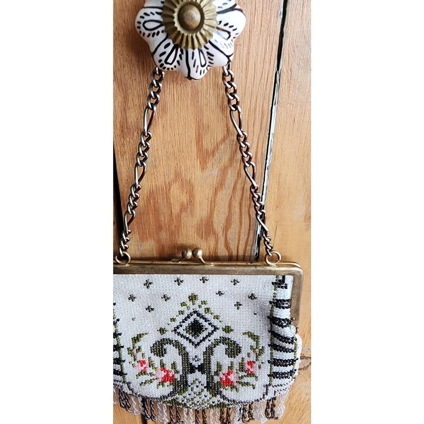 Vintage Beaded Bag Art Deco Style Glass Bead Purse Fringed