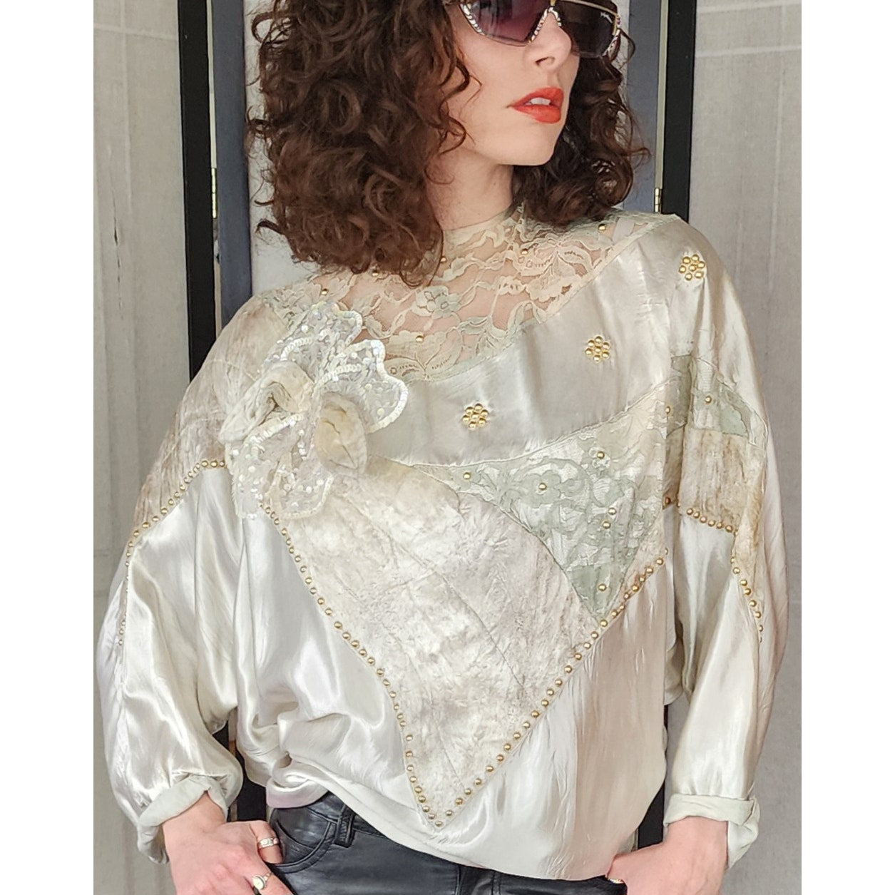 Vintage 80s Maick Harold Blouse Tunic Velvet Lace Sequins Applique Embroidery