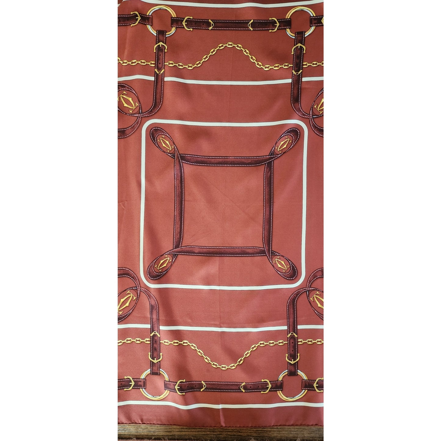 Vintage CARTIER Silk Scarf Brown & Gold Print Square