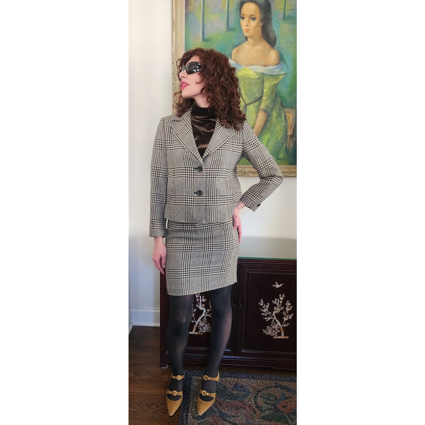 Vintage 90s Brooks Brothers Skirt Suit Moon Wool Houndstooth Black White