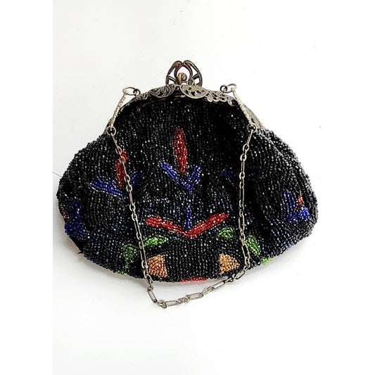 Antique Black Beaded Bag Colorful Flowers Ornate Metal Clasp AS IS
