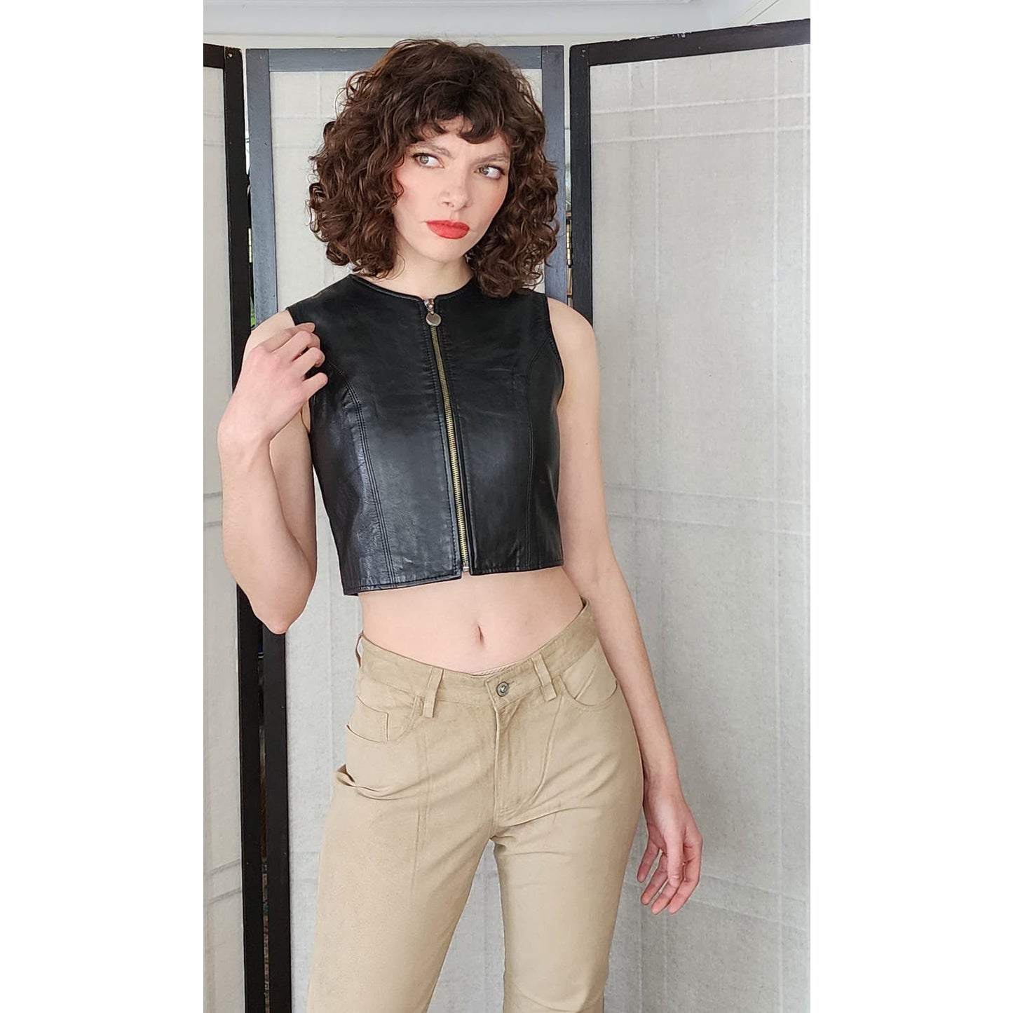 Vintage Y2K Black Leather Vest Zip Front Crop Top by Cayenne