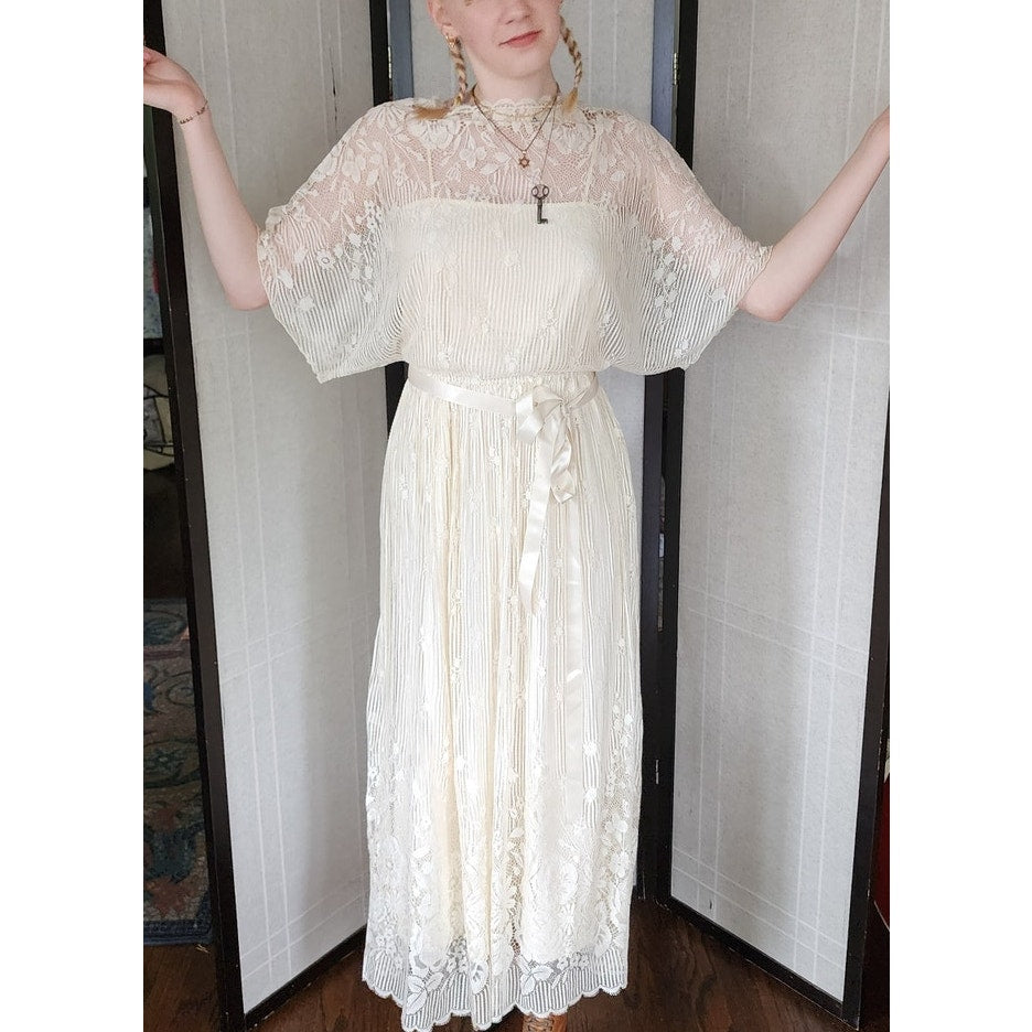 Vintage 70s Cream Lace Dress Elastic Waist Boho Bride