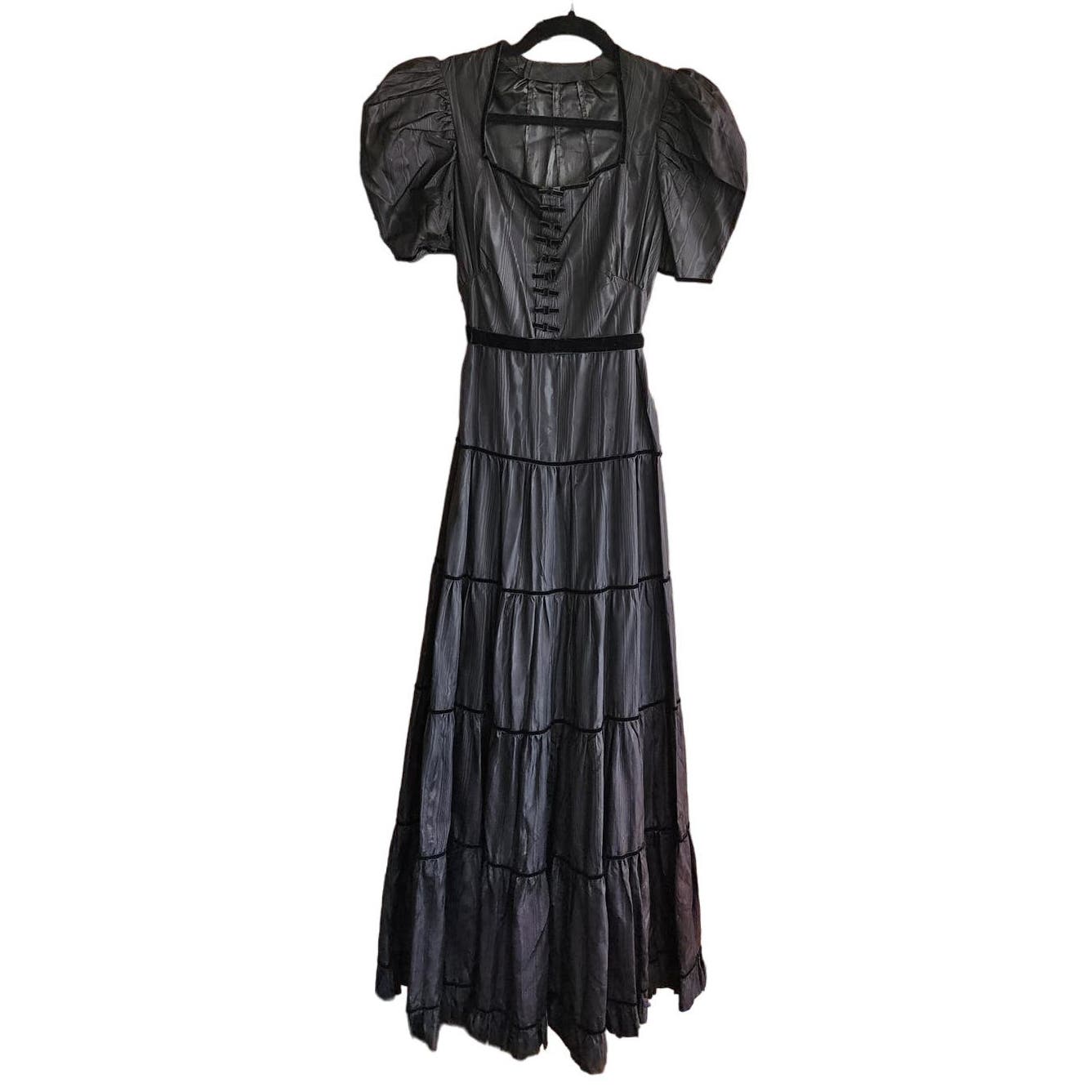 Vintage 30s Black Evening Dress Waterfall Taffeta Short Puffed Sleeves –  RareJule Vintage