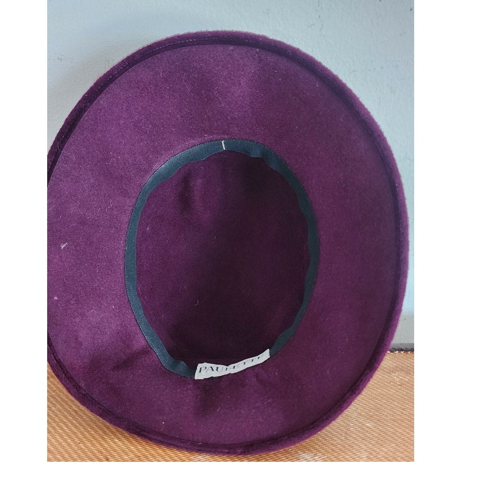 Vintage 60s Purple Velvet Hat Fedora w/Green Feathers by Paulette