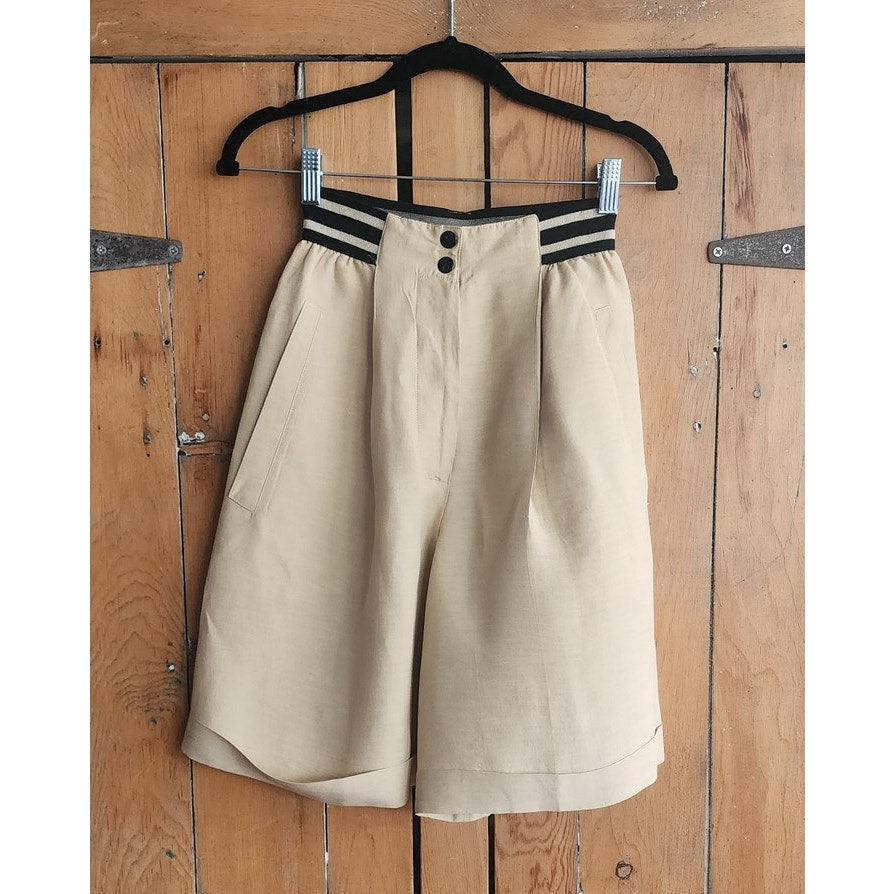 Vintage 80s Claude Montana Shorts Beige Black Linen Blend