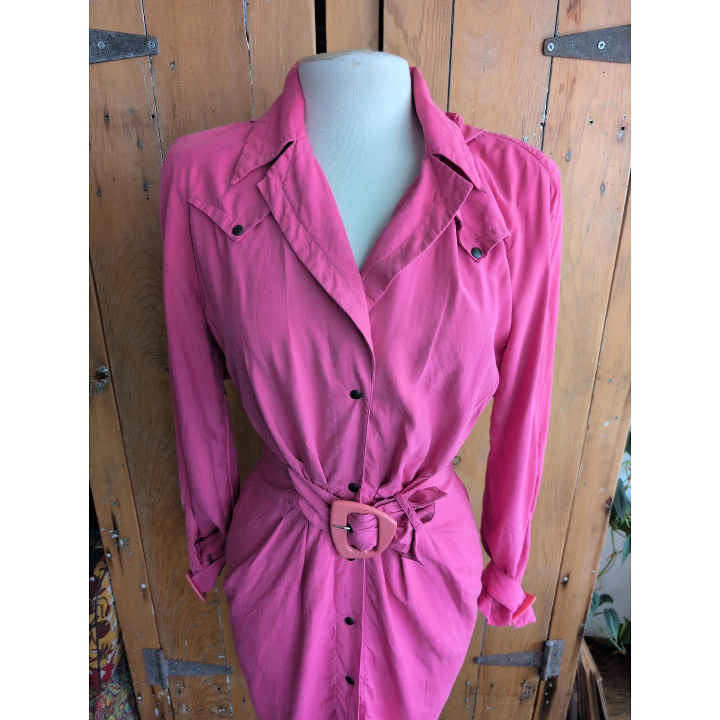 Vintage 80s Pink Silk Dress Long Sleeves Belt & Hood / S