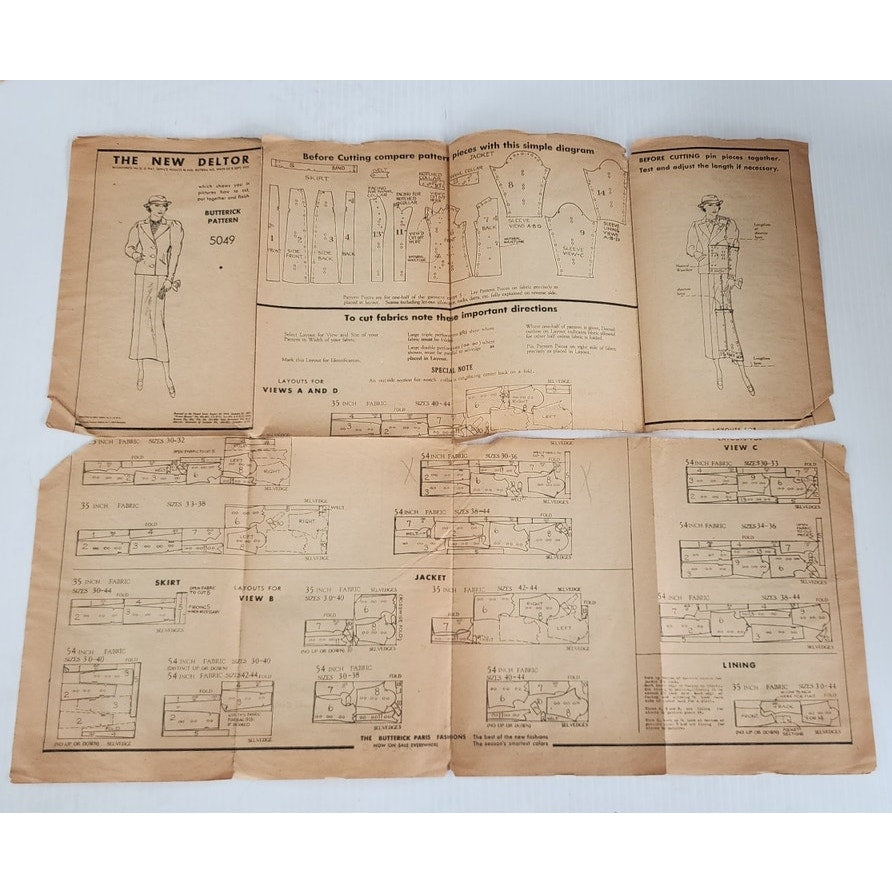 Vintage 30s Sewing Pattern ORIGINAL/ Jacket Skirt Suit Set Butterick 5049 Bust 32